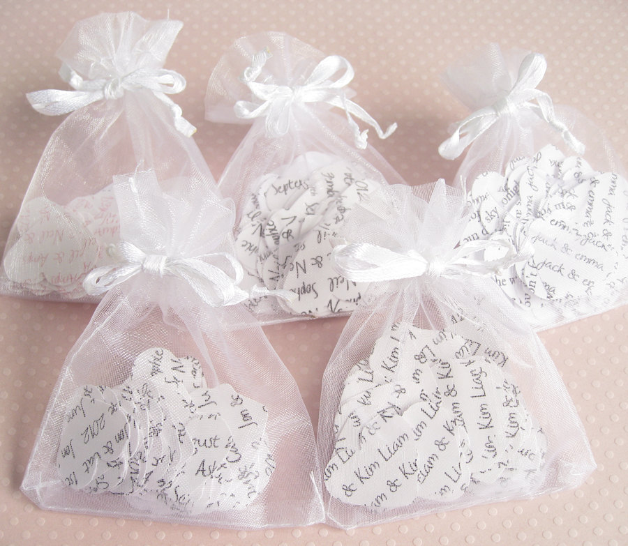 10 X Confetti Organza Bag Favors With Personalised Confetti Hearts on